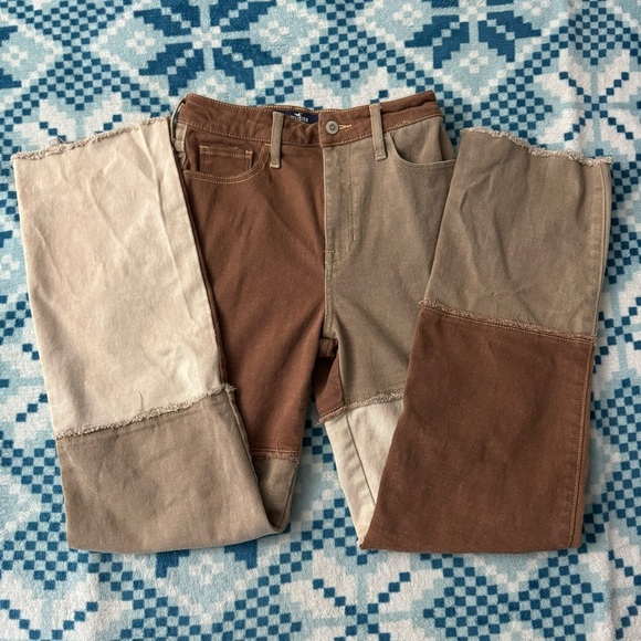 Hollister Womens Ultra High Rise Dad Jeans Patchwork Tan Chocolate Brown Size 25 - Picture 2 of 8